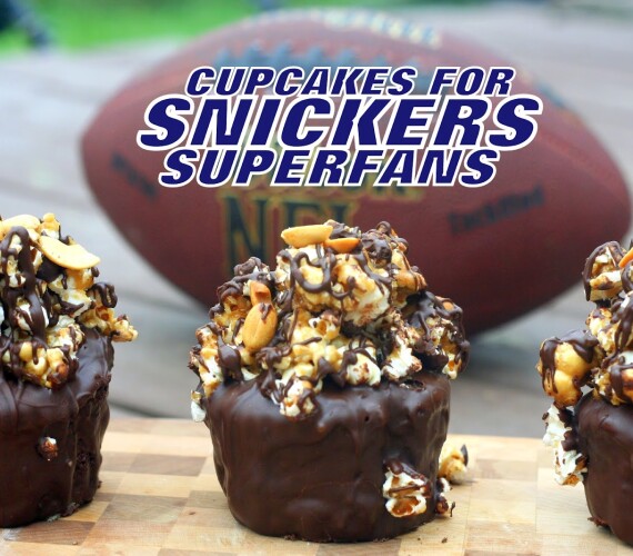 Chocolate Dipped Snickers Popcorn Cupcakes