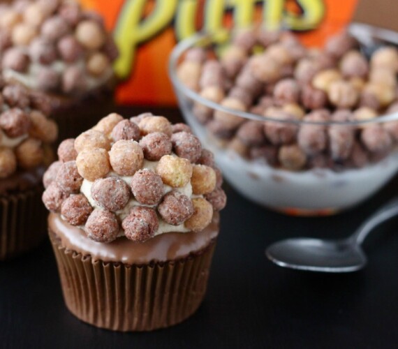 Devils Food Reese’s Puff Cereal Topped Cupcakes!