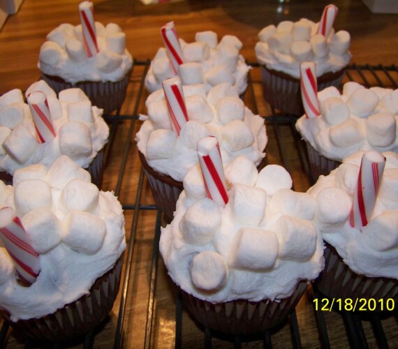 Hot Chocolate Marshmallow Topped Straight Candy Cane Cupcakes
